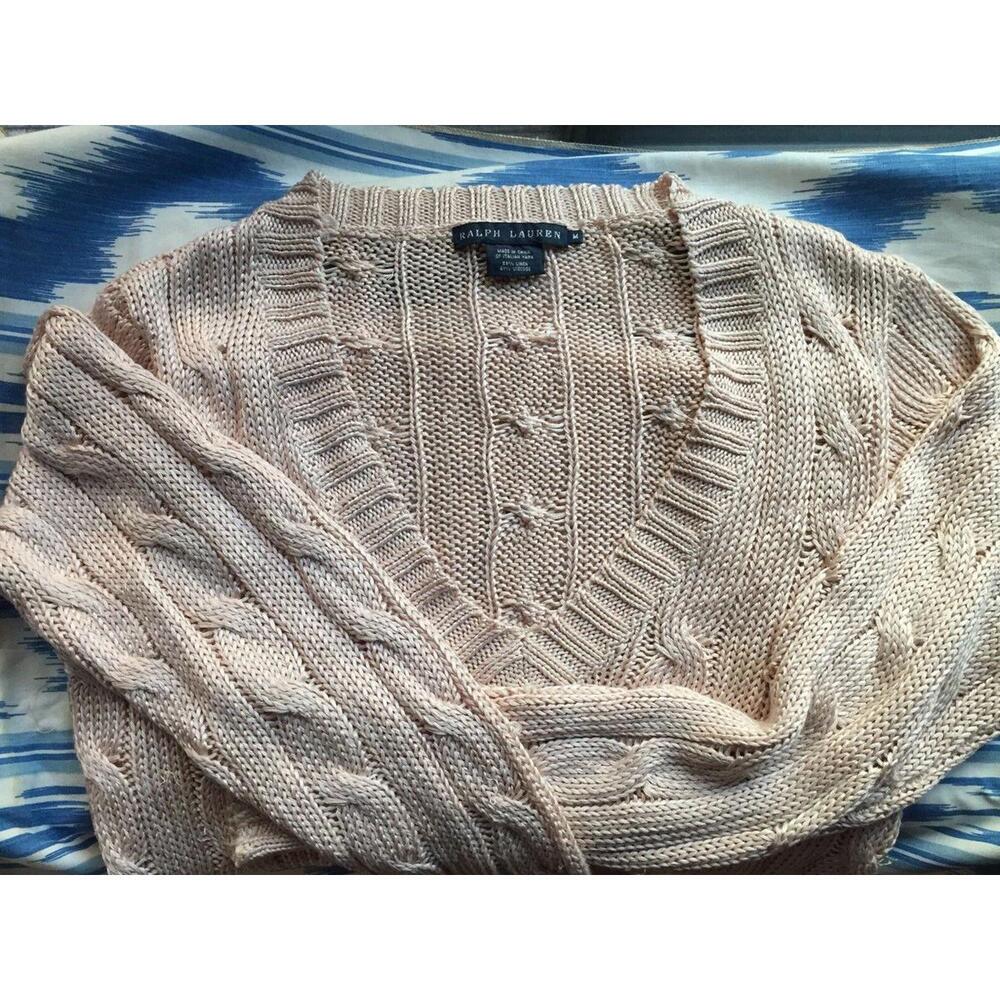 Ralph Lauren Women's Light Pink Metallic Cable Knit V-Neck Sweater -Sz M